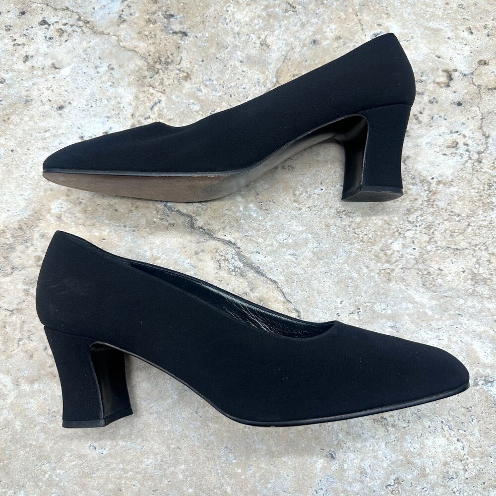 Stuart Weitzman Pumps Womens 9.5B Black Square Toe Heels Textile/Leather - Picture 7 of 10
